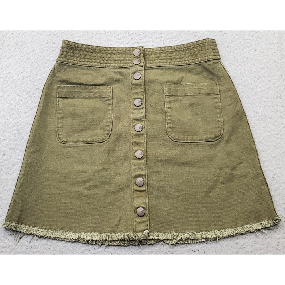Madewell A-Line Mini Skirt Womens 2 Green Patch Pockets Frayed Hem Snap Front